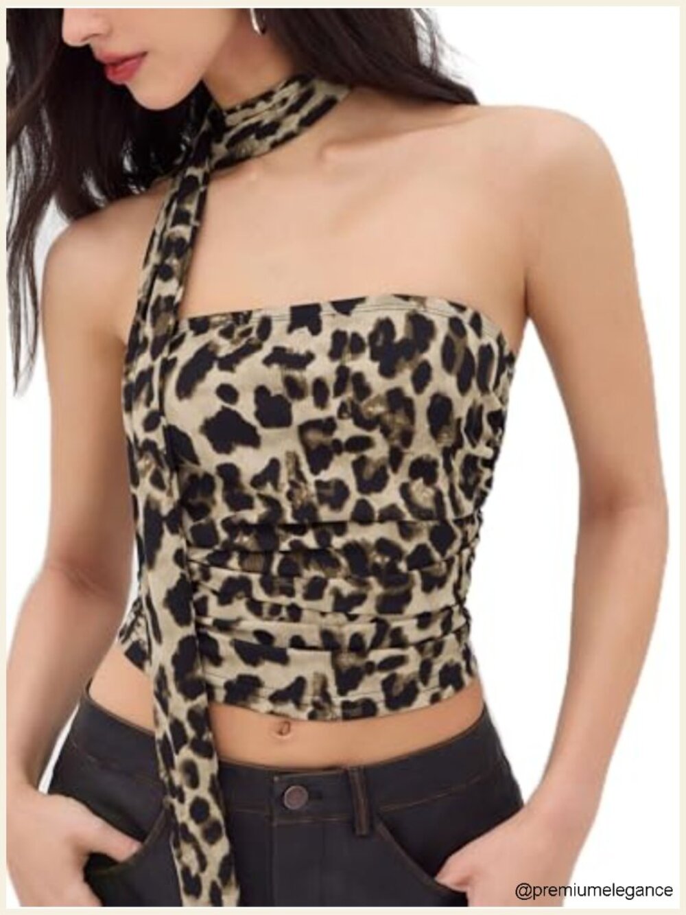 Leopard Print Strapless Tube Top Ruched Mesh Bandeau Crop Top with Scarf